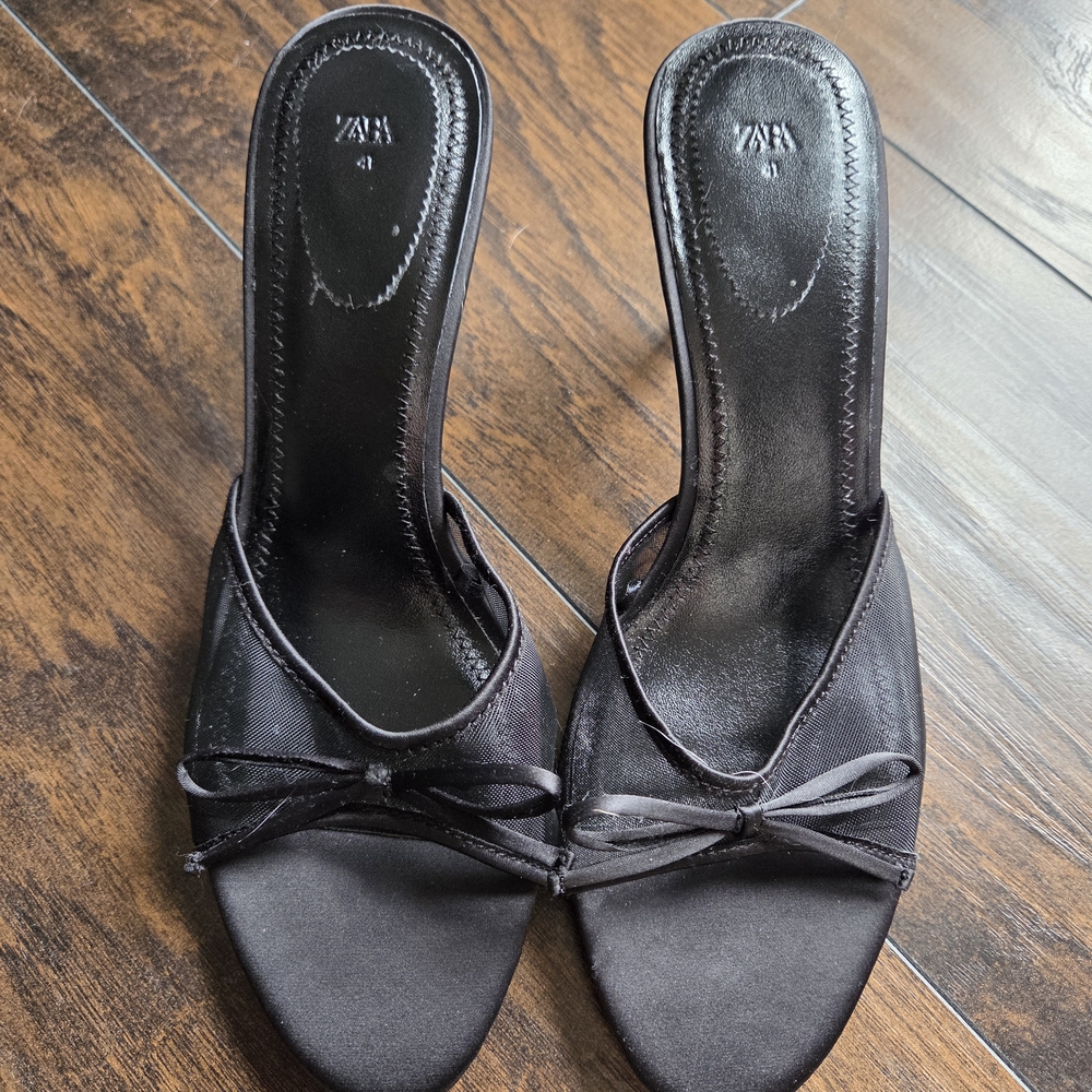 Zara Black Satin Slide Sandals with Bow